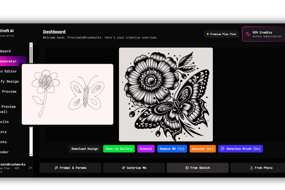 Convert simple sketches to detailed tattoo art - Butterfly and flower example
